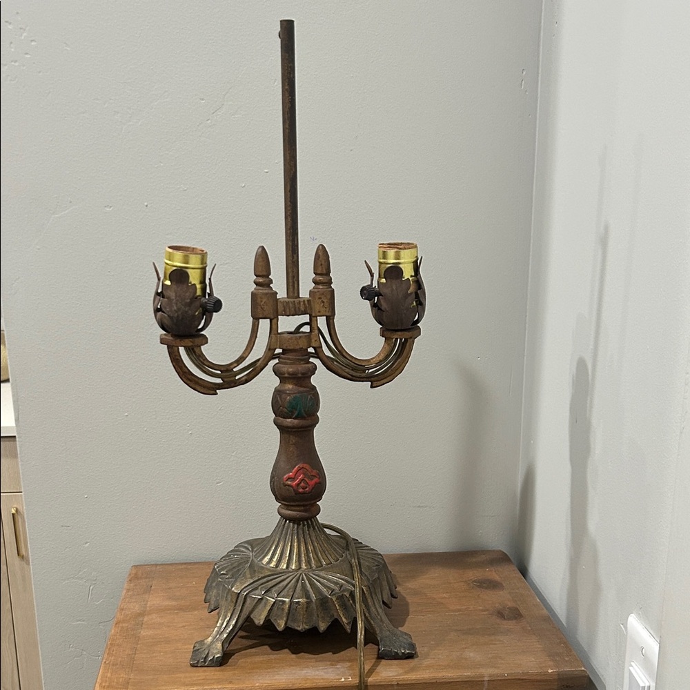 Vintage Bronze Candelabra with Red and Green Accents